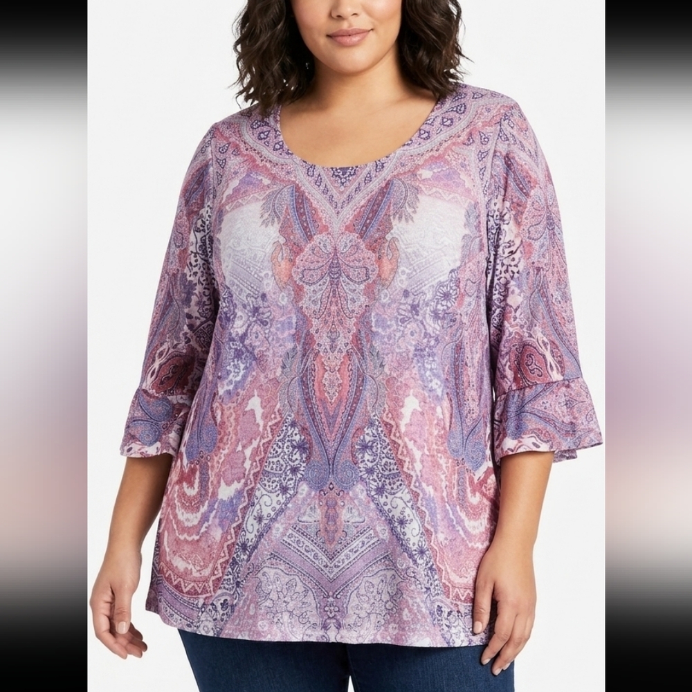 5x Plus Size Catherines Paisely Print Purple Tunic top Blouse Shirt Dressy